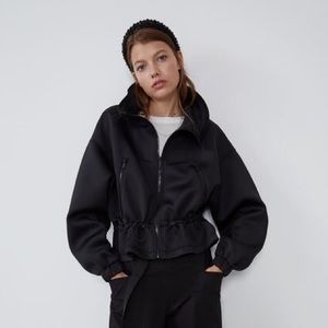 Zara Black Neoprene Jacket Peplum Womens Size Medium Collared